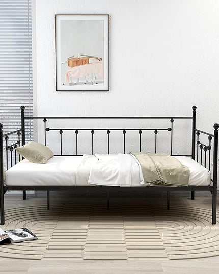 alazyhome Twin Size Metal Daybed Guest Bed Frame for Living Room Bedroom Steel Slat Support No Box Spring Needed Space Saving Black - LeafyLoom