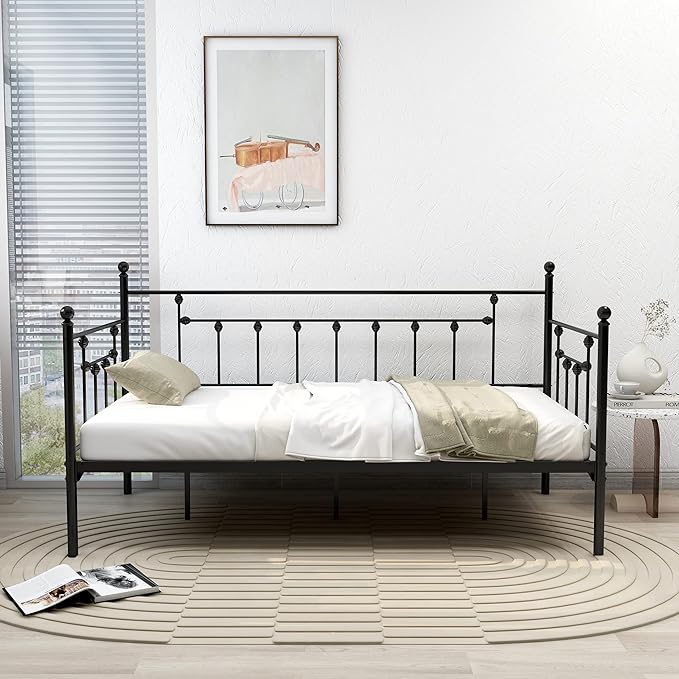 alazyhome Twin Size Metal Daybed Guest Bed Frame for Living Room Bedroom Steel Slat Support No Box Spring Needed Space Saving Black - LeafyLoom