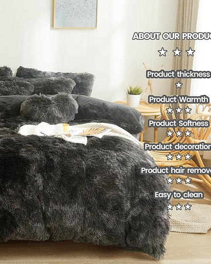Tie dye Black Plush Fluffy Comforter Cover Set Queen - Ultra Soft Faux Fur tie dye Bedding Sets 3 Pieces (1 Shaggy Duvet Cover + 2 Pillow case) Black Fluffy Bed Set (Tie Dye Black, Queen) - LeafyLoom
