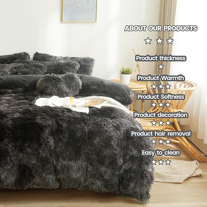 Tie dye Black Plush Fluffy Comforter Cover Set Queen - Ultra Soft Faux Fur tie dye Bedding Sets 3 Pieces (1 Shaggy Duvet Cover + 2 Pillow case) Black Fluffy Bed Set (Tie Dye Black, Queen) - LeafyLoom