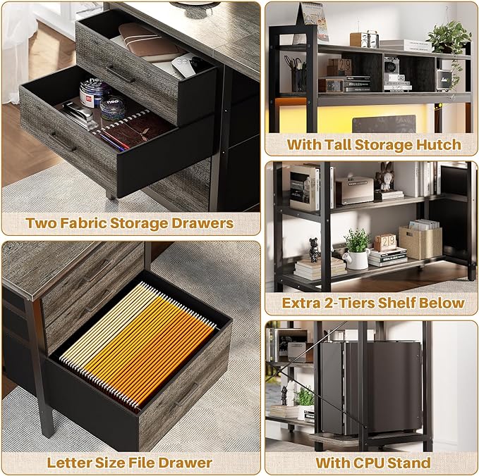Aheaplus L Shaped Desk with Hutch, Gaming Desk with Led Lights, Reversible Computer Desk with Power Outlet, Corner Desk with File Drawer & Monitor Stand, Storage Shelves for Home Office, Black Oak - LeafyLoom