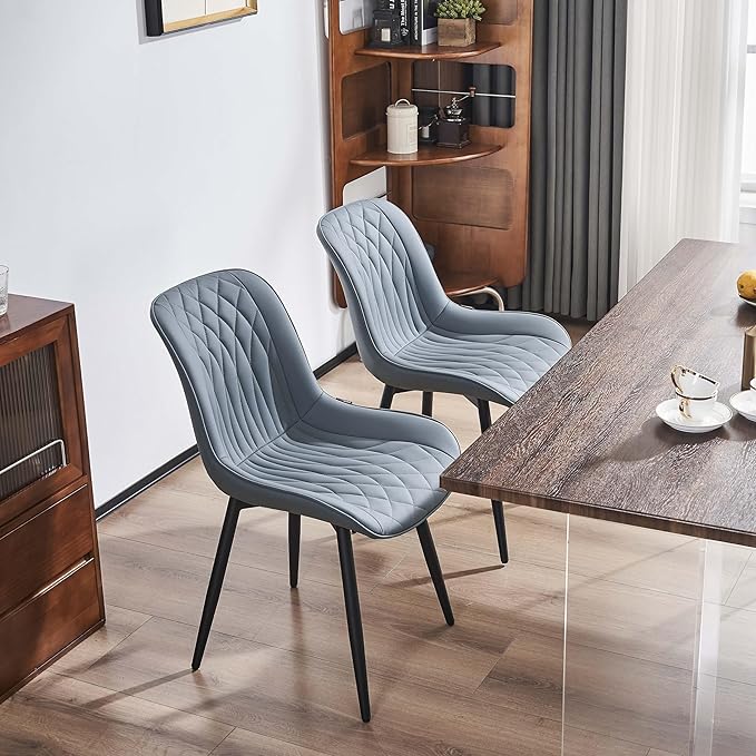 YOUNIKE Dining Chairs set of 2 with High Back Mid Century Modern Kitchen & Dining Room Chairs PU Faux Leather Upholstered sillas de comedor Comfortable Padded Accent Chair with Metal Leg Greyish Green - LeafyLoom