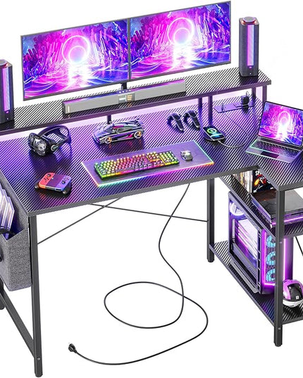 Gaming Desk with Power Outlets and LED Lights, 47 Inch L Shaped Computer Desk with Monitor Stand and Storage Shelves, Corner Desk Small Computer Table Desk for Home Office, Carbon Fiber Black - LeafyLoom