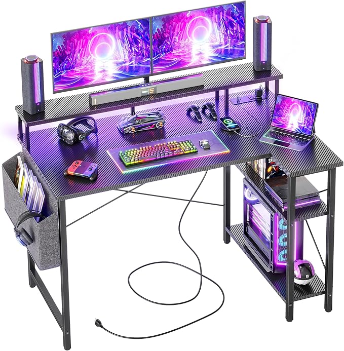 Gaming Desk with Power Outlets and LED Lights, 47 Inch L Shaped Computer Desk with Monitor Stand and Storage Shelves, Corner Desk Small Computer Table Desk for Home Office, Carbon Fiber Black - LeafyLoom