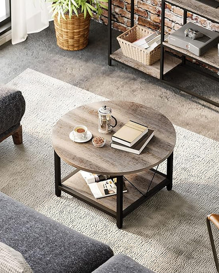 YITAHOME Round Coffee Table,Rustic Wood Coffee Tables for Living Room with Storage Shelf, Modern Farmhouse Circle Coffee Table Center with Sturdy Metal Legs Home Furniture, Grey Wash - LeafyLoom