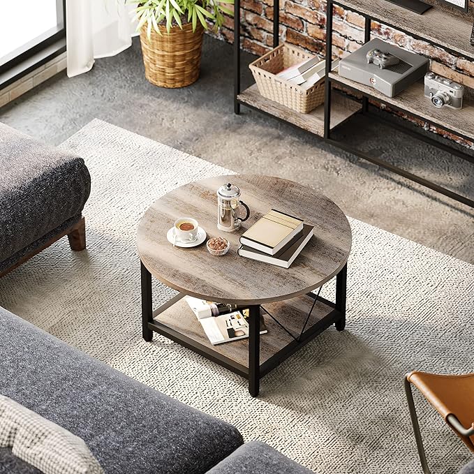 YITAHOME Round Coffee Table,Rustic Wood Coffee Tables for Living Room with Storage Shelf, Modern Farmhouse Circle Coffee Table Center with Sturdy Metal Legs Home Furniture, Grey Wash - LeafyLoom