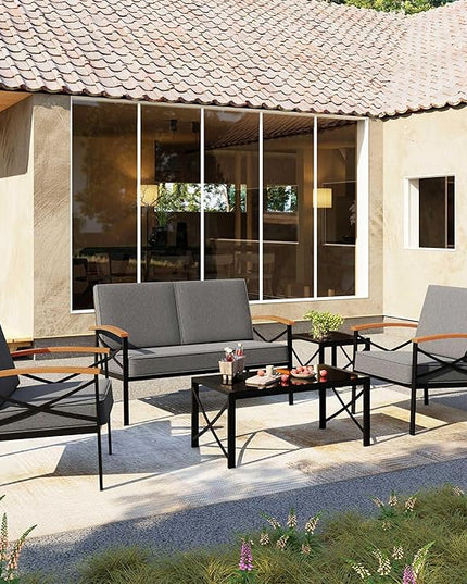 Shintenchi 5 Piece Outdoor Patio Furniture Set, Metal Sofa Conversation Set, including Loveseat, Two Single Chairs and Two Coffee Tables for Backyard, Patio, Balcony, Poolside (Dark Grey) - LeafyLoom
