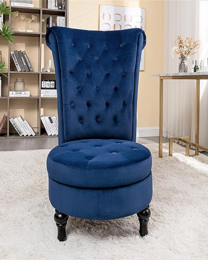 Royal High-Back Velvet Accent Chair for Vanity with Storage and Luxurious Upholstery, Retro Design and Versatile Usage for Living Room, Bedroom, Lounge and Office, Dark Blue - LeafyLoom