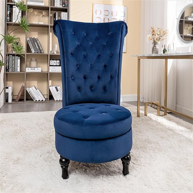 Royal High-Back Velvet Accent Chair for Vanity with Storage and Luxurious Upholstery, Retro Design and Versatile Usage for Living Room, Bedroom, Lounge and Office, Dark Blue - LeafyLoom
