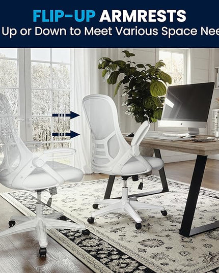 Flash Furniture Porter High-Back Swivel Office Chair with Adjustable Lumbar Support and Seat Height, Ergonomic Mesh Desk Chair with Flip-Up Armrests, White - LeafyLoom