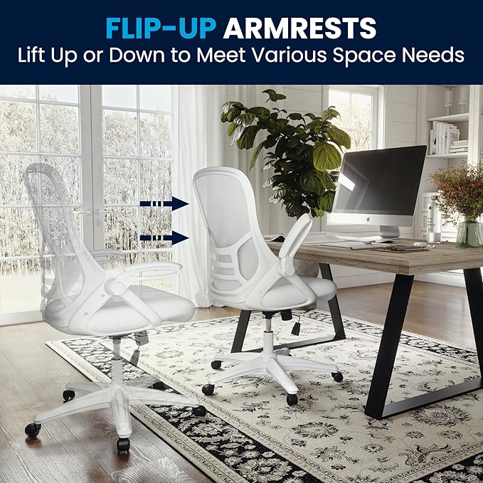 Flash Furniture Porter High-Back Swivel Office Chair with Adjustable Lumbar Support and Seat Height, Ergonomic Mesh Desk Chair with Flip-Up Armrests, White - LeafyLoom