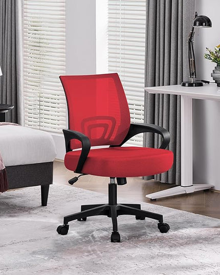 Yaheetech Office Chair Desk Chair Mid Back Mesh Task Chair Computer Chair Ergonomic Rolling Swivel Chair Adjustable Executive Chair with Lumbar Support Armrests, Red - LeafyLoom