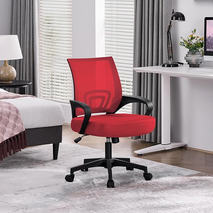 Yaheetech Office Chair Desk Chair Mid Back Mesh Task Chair Computer Chair Ergonomic Rolling Swivel Chair Adjustable Executive Chair with Lumbar Support Armrests, Red - LeafyLoom
