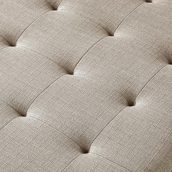 24KF Large Square Upholstered Tufted Linen Ottoman Coffee Table, Large Footrest Ottoman with Solid Wood Shelf-Linen - LeafyLoom