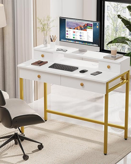 Elephance Small Computer Desk with Monitor Stand 39.37" Home Office Desk with 4 Drawers Study Writing Desk Gaming Table for Small Space - LeafyLoom
