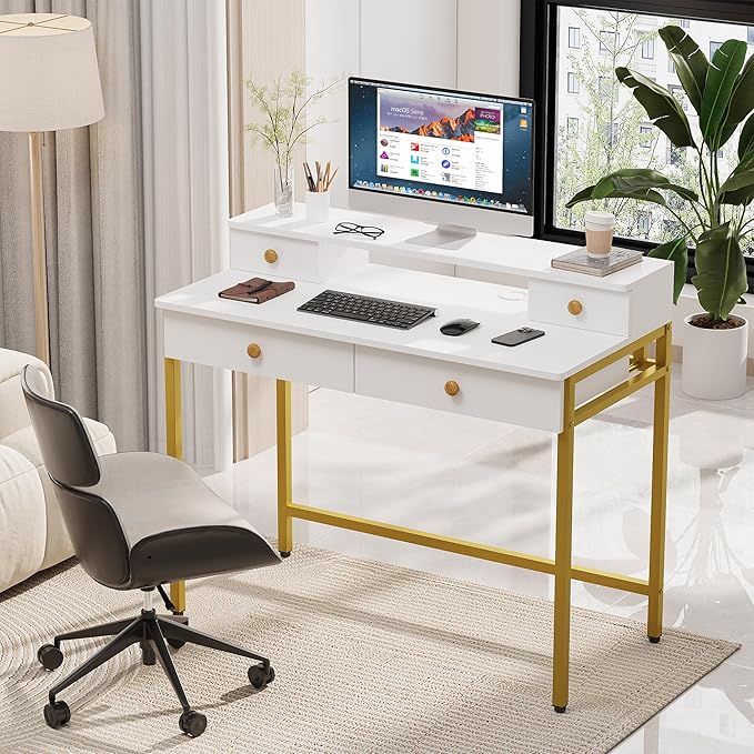 Elephance Small Computer Desk with Monitor Stand 39.37" Home Office Desk with 4 Drawers Study Writing Desk Gaming Table for Small Space - LeafyLoom