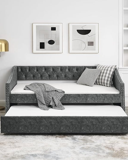 Twin Size Upholstered Daybed with Trundle, Wooden Sofa Bed w/Button Tufted Backrest and Waved Shape Arms, Space-Saving Design, No Box Spring Needed, for Living Room, Bedroom, Dorm, Grey - LeafyLoom