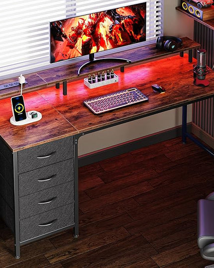 55 Inch Computer Desk with Power Outlets and LED Lights, Gaming Desk with 4 Drawers, Office Desk with Monitor Stand, Study Desk Work Desk for Home Office, Rustic Brown - LeafyLoom