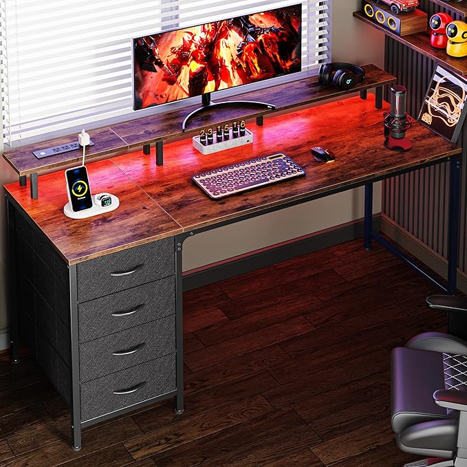 55 Inch Computer Desk with Power Outlets and LED Lights, Gaming Desk with 4 Drawers, Office Desk with Monitor Stand, Study Desk Work Desk for Home Office, Rustic Brown - LeafyLoom