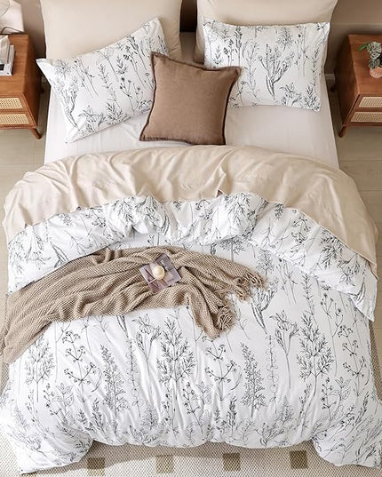 JANZAA Bedding Comforter Sets White Floral Comforter Set Full Size Bed Set with 2 Pillow Cases for All Seasons - LeafyLoom