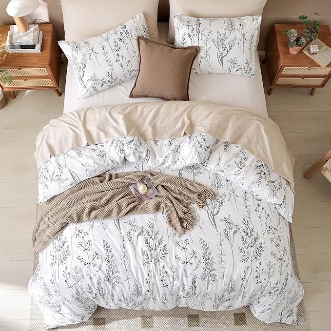 JANZAA Bedding Comforter Sets White Floral Comforter Set Full Size Bed Set with 2 Pillow Cases for All Seasons - LeafyLoom