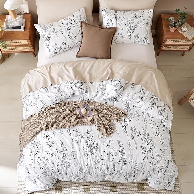 JANZAA White Twin Comforter Set 2 PCS(1 Comforter&1 Pillowcase) Plant Floral Printed Comforter Set-Soft Microfiber Twin Comforter for All Season - LeafyLoom