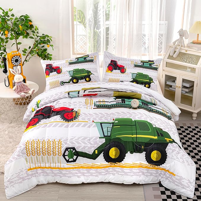 CVHOUSE Bedding Set for Boys, Tractor Comforter Twin, Cartoon Truck Quilt Set with 1 Comforter and 2 Pillow Cases- 3 Piece - LeafyLoom