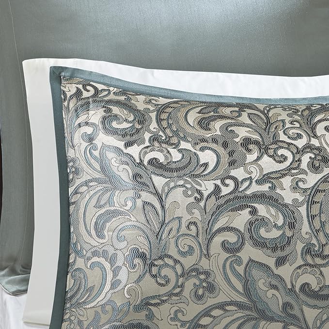Madison Park Essentials Brystol 24 Piece Room in a Bag Faux Silk Comforter Jacquard Paisley Design Matching Curtains Down Alternative Hypoallergenic All Season Bedding-Set, King (104 in x 92 in), Teal - LeafyLoom