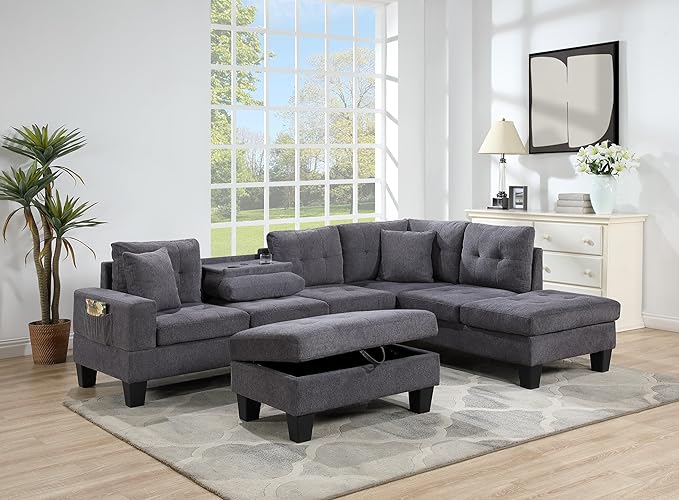 102" Wide Reversible Sectional Sofa L Shaped Upholstered Couch with Dropdown Armrest & Cupholders, Charging Ports, Storage Ottoman and Pillows for Living Room Apartment, Dark Gray - LeafyLoom