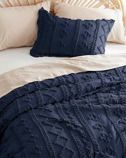 Bedsure Tufted Boho Comforter Set Full - Navy Boho Bedding Comforter Set, 3 Pieces Farmhouse Shabby Chic Embroidery Bed Set, Soft Jacquard Comforter for All Seasons - LeafyLoom