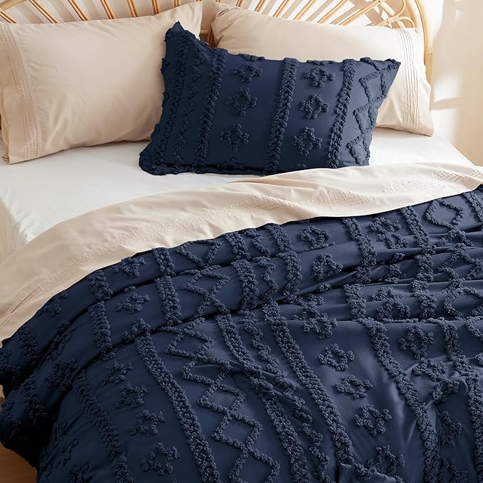 Bedsure Tufted Boho Comforter Set King - Navy Boho Bedding Comforter Set, 3 Pieces Farmhouse Shabby Chic Embroidery Bed Set, Soft Jacquard Comforter for All Seasons - LeafyLoom
