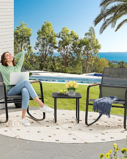 YITAHOME 3 Piece Rocking Bistro Set, Outdoor Patio Furniture Set with Wooden Armrests, Porch Chairs Set with Glass Table for Lawn, Garden, Balcony, Poolside, Dark Gray - LeafyLoom