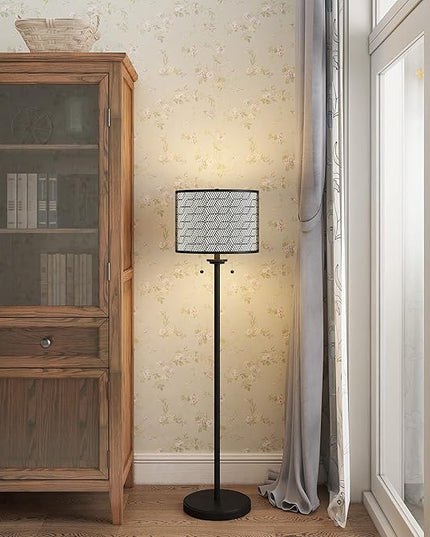 Inlight 59" High Double Shade Pull Chain Modern Floor Lamp for Living Room, Black Metal Frame and White Fabric Shade, Bulb Not Included, IN-0857-2-BK - LeafyLoom