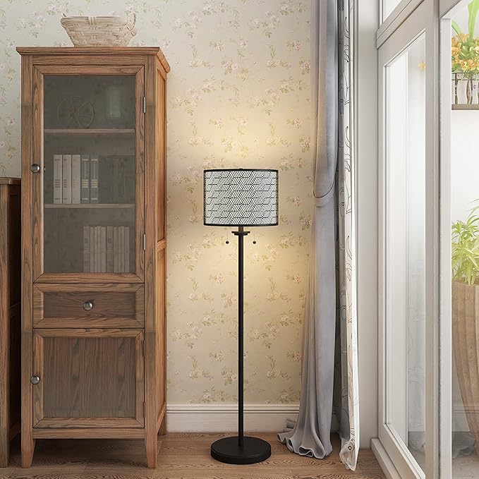 Inlight 59" High Double Shade Pull Chain Modern Floor Lamp for Living Room, Black Metal Frame and White Fabric Shade, Bulb Not Included, IN-0857-2-BK - LeafyLoom