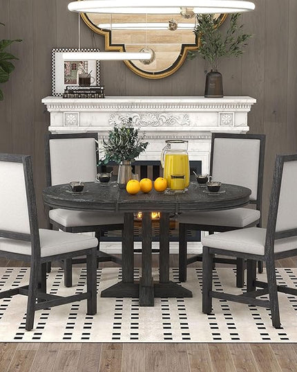 5-Piece Farmhouse Extendable Dining Table Set for 4, Including Round Wooden Tabletop, 4 Upholstered Chairs, Ideal for Kitchen, Living Room, Black, Onesize - LeafyLoom