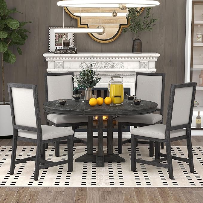 5-Piece Farmhouse Extendable Dining Table Set for 4, Including Round Wooden Tabletop, 4 Upholstered Chairs, Ideal for Kitchen, Living Room, Black, Onesize - LeafyLoom