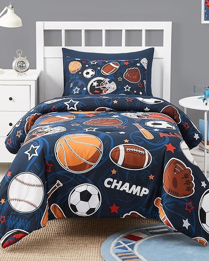 Sports Ball Games Twin Comforter Set with Sheets - 5 Pieces Kids Twin Bedding Sets for Boys, Glow in The Dark Baseball Basketball Football Soccer Twin Bed in a Bag for Kids, Teens - LeafyLoom
