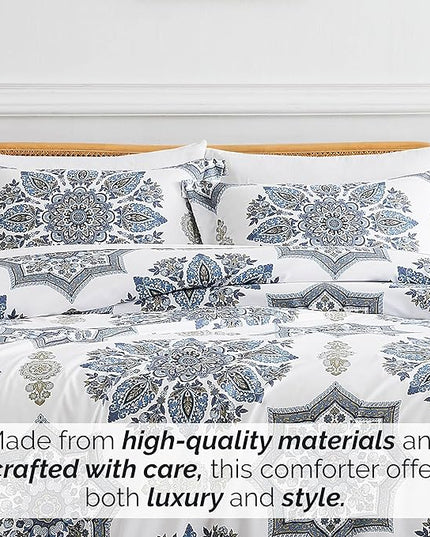Southshore Fine Living, Inc. Oversized Full/Queen Comforter Bedding Set, Down Alternative Boho Bedspread, Paisley Floral Print Comforter, Full Size/Queen with 2 Matching Shams, Blue on White - LeafyLoom