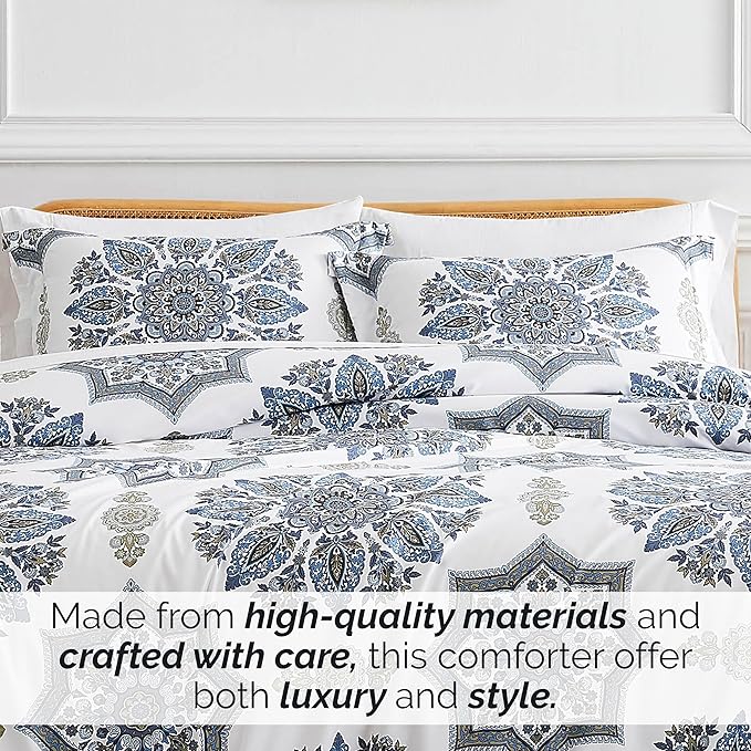 Southshore Fine Living, Inc. Oversized Full/Queen Comforter Bedding Set, Down Alternative Boho Bedspread, Paisley Floral Print Comforter, Full Size/Queen with 2 Matching Shams, Blue on White - LeafyLoom