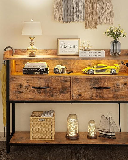 IRONCK Entryway Table with Power Outlet and LED Light, Console Table with 2 Fabric Drawers and Storage Shelves for Entryway, Living Room, Hallway, Vintage Brown - LeafyLoom