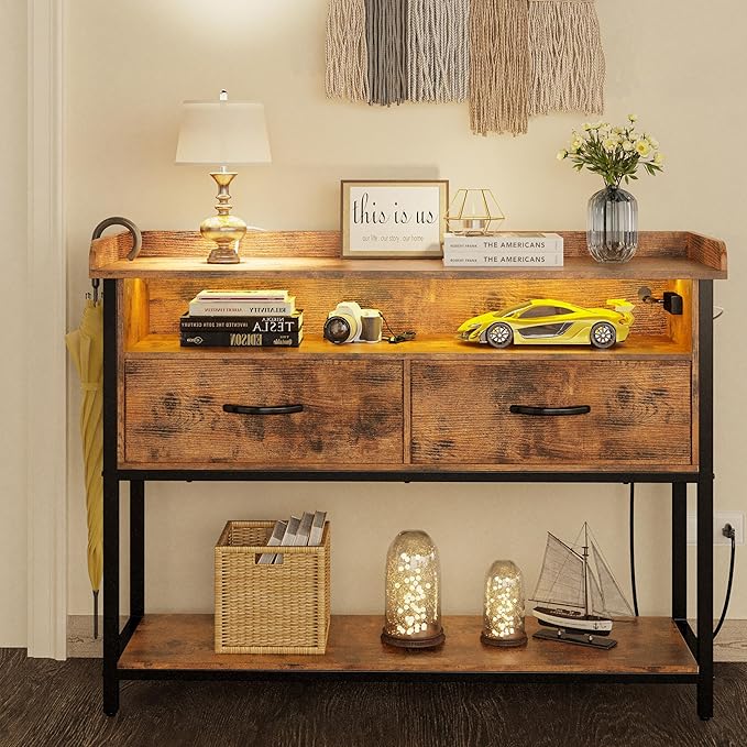 IRONCK Entryway Table with Power Outlet and LED Light, Console Table with 2 Fabric Drawers and Storage Shelves for Entryway, Living Room, Hallway, Vintage Brown - LeafyLoom