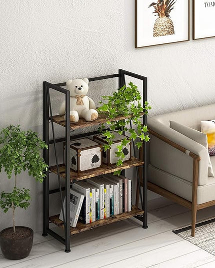 4NM No-Assembly Folding Bookshelf Storage Shelves 3 Tiers Vintage Bookcase Standing Racks Study Organizer Home Office (Rustic Brown and Black) - LeafyLoom