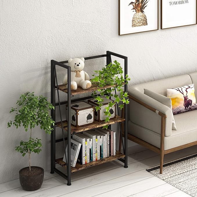 4NM No-Assembly Folding Bookshelf Storage Shelves 3 Tiers Vintage Bookcase Standing Racks Study Organizer Home Office (Rustic Brown and Black) - LeafyLoom