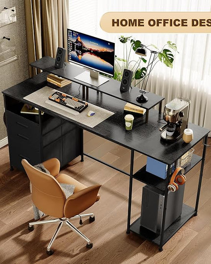 Computer Desk with 3 File Cabinet Drawers, 57.8'' Reversible Gaming Desk, Office Desk with Storage Shelves and Dual Monitor Stand for Home & Office (Black) - LeafyLoom