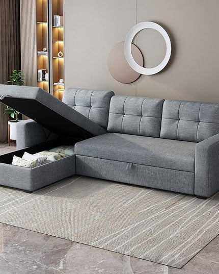 Upholstered Sectional Storage Chaise and Pull, L-Shape Convertible Corner Couch, Reversible Sleeper Sofa-Bed,W/ 3 Back Cushions,for Living Room,Office,(Light Grey), 81.5" - LeafyLoom