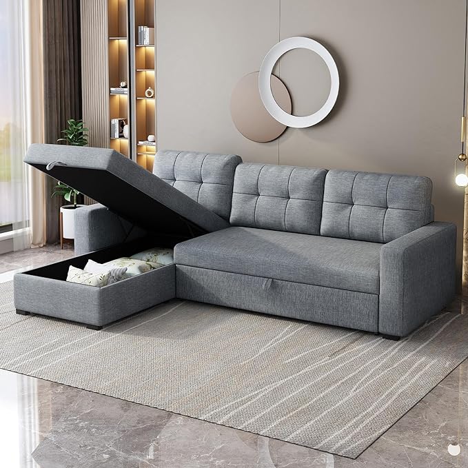 81.5" Sectional Sleeper Sofa with Storage Chaise, L Shaped Pull Out Couch Bed with 3 Removable Back Cushion for Living Room,Apartment,Office,Light Grey - LeafyLoom