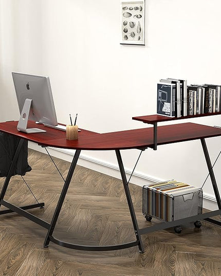 SHW Vista L-Shape Desk with Monitor Stand, Cherry - LeafyLoom