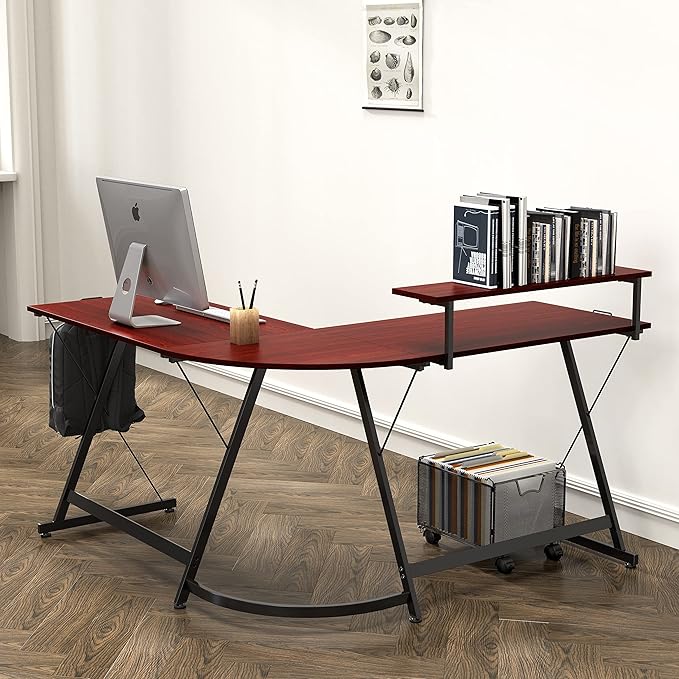 SHW Vista L-Shape Desk with Monitor Stand, Cherry - LeafyLoom
