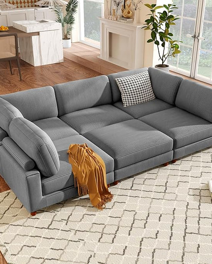 163.8" 6-Seater Upholstered Corner Couch,Large L Shaped Modular Sectional Sofa with Ottoman for Living Room Office Spacious Space Furniture Sets, 163.8 Inch, Gray - LeafyLoom