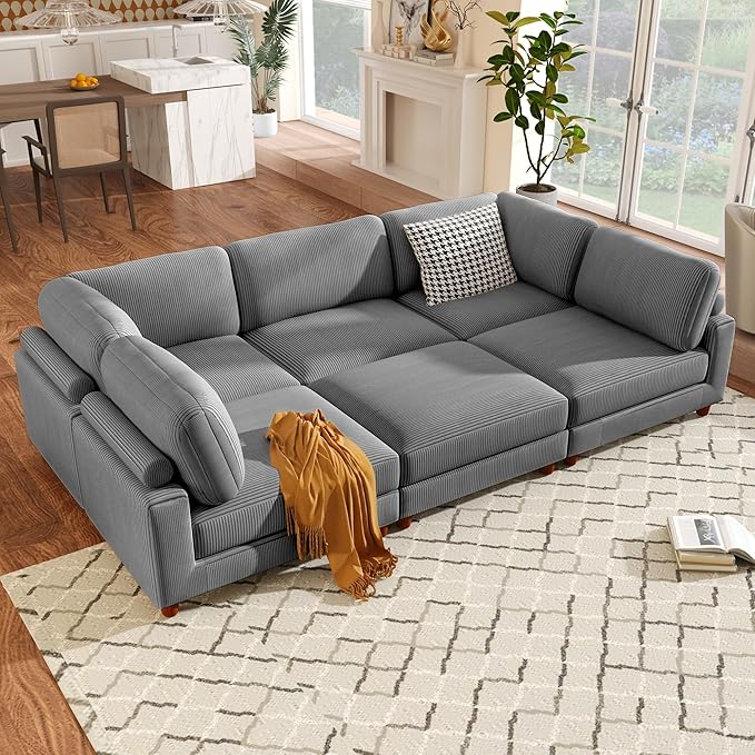 163.8" 6-Seater Upholstered Corner Couch,Large L Shaped Modular Sectional Sofa with Ottoman for Living Room Office Spacious Space Furniture Sets, 163.8 Inch, Gray - LeafyLoom